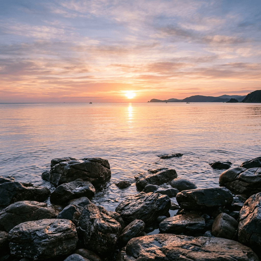Sunset over calm ocean with rocky shore and distant hills