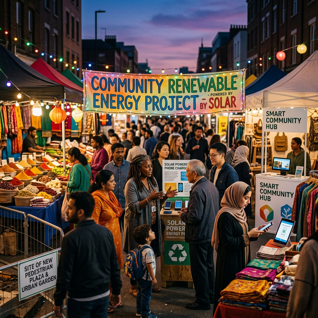 Crowd at evening market promoting community solar renewable energy project