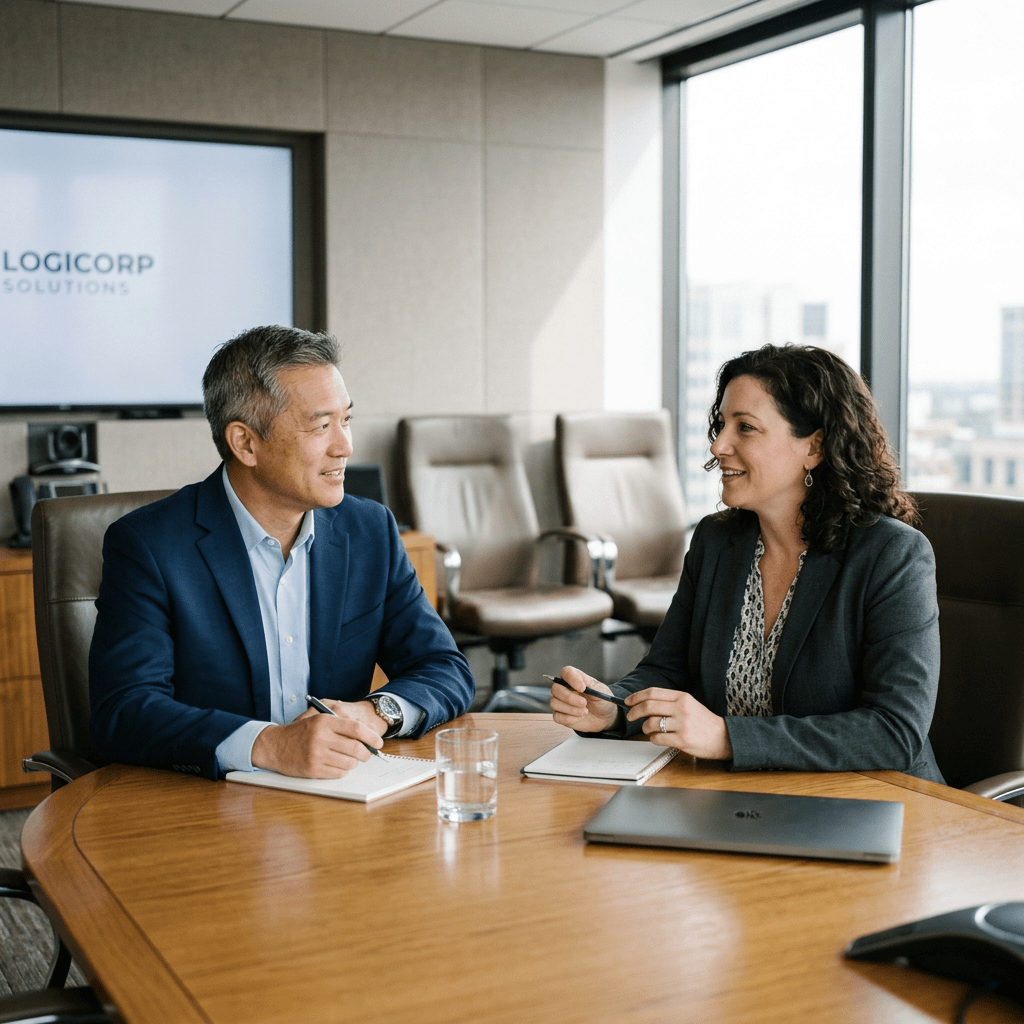 Two business professionals sitting at a conference table discussing with notebooks and laptop