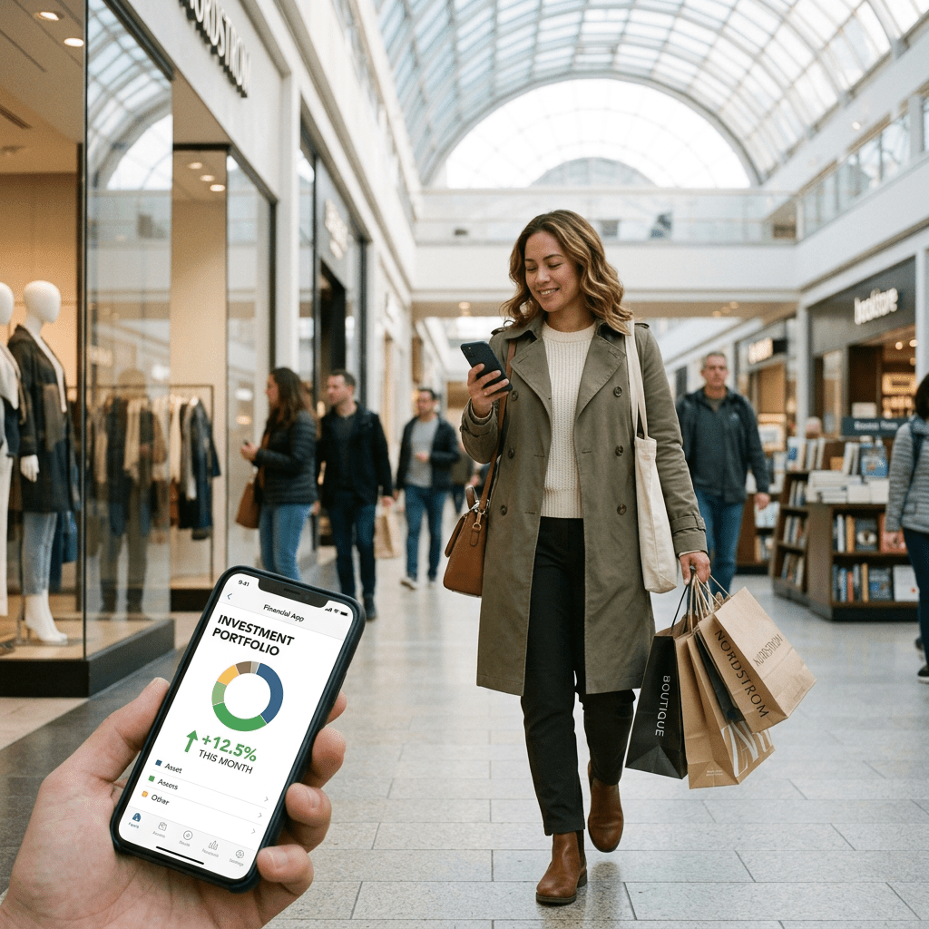 Person shopping, investing, feeling secure and comfortable