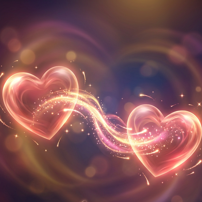 Two glowing hearts connected by sparkling flowing energy on dark background
