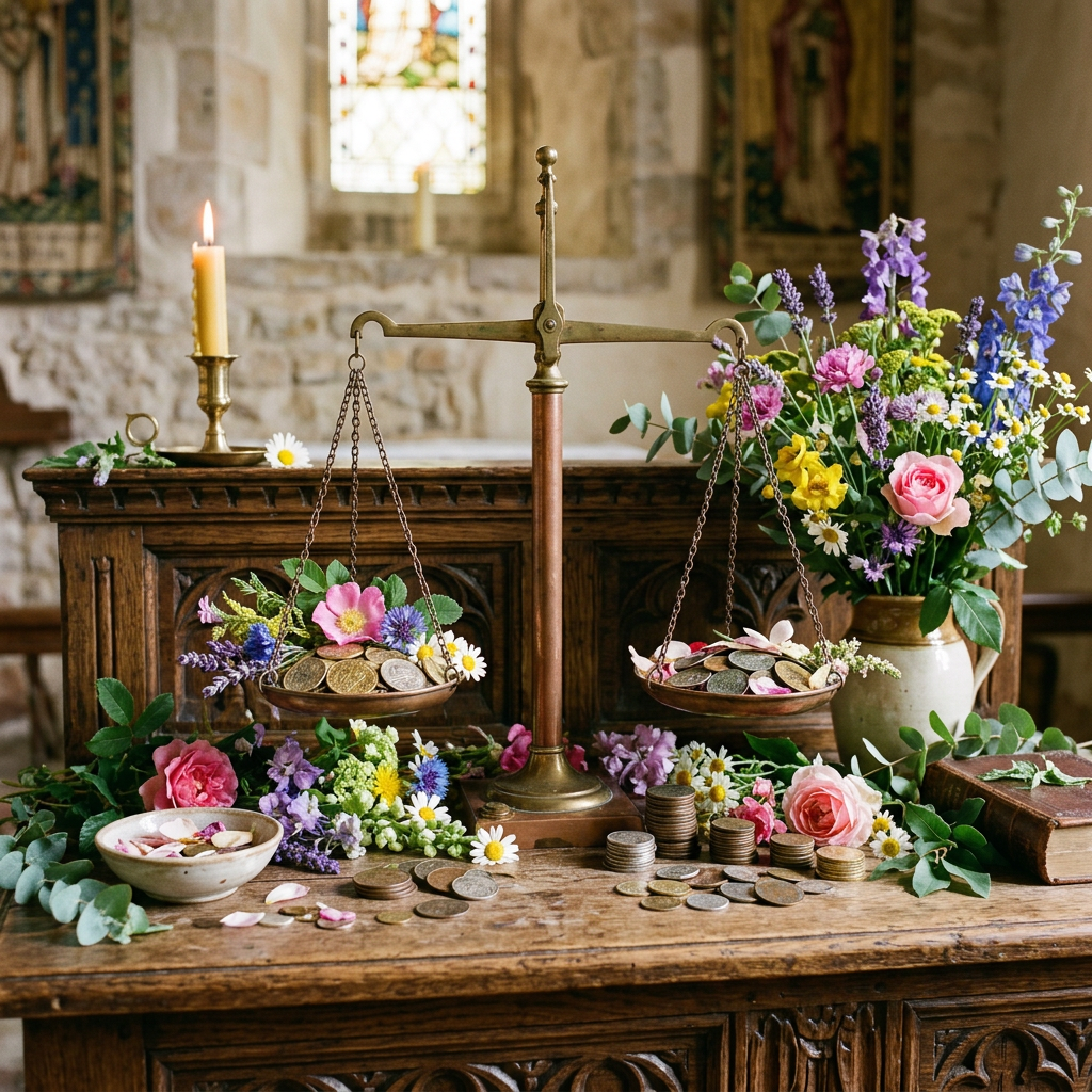 Antique balance scale with coins and colorful flowers on wooden table