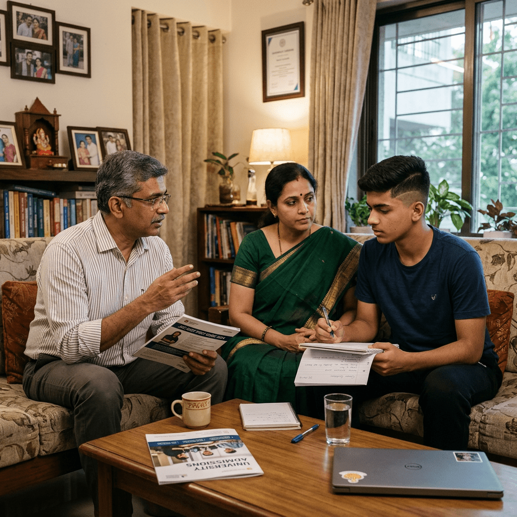 Parents advising teenage son about university admissions with brochures and notes
