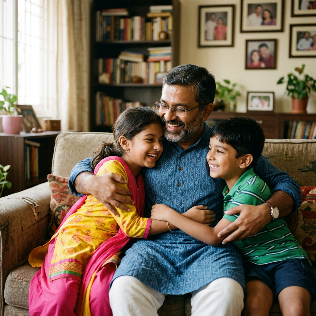 Father hugging daughter and son sitting on a couch smiling