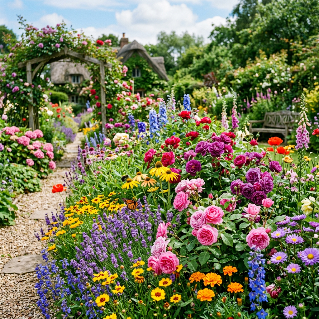 Colorful English garden with various blooming flowers and a wooden archway