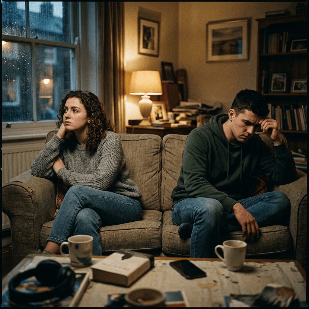 Man and woman sitting on couch looking away from each other with serious expressions