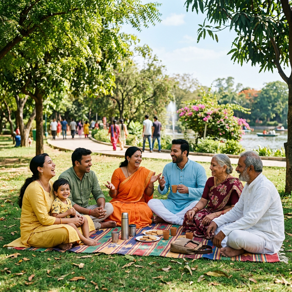 Happy Indian people talking in sunny park