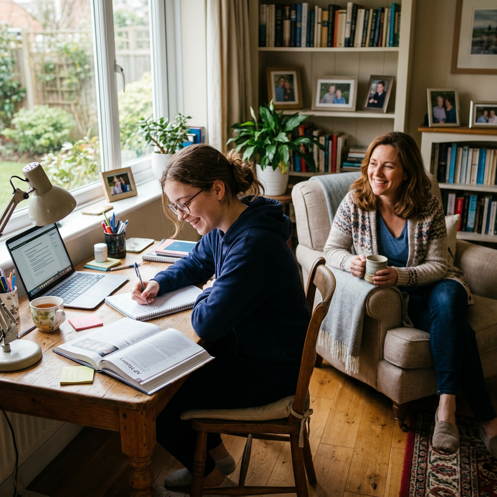 Young woman writing in notebook at desk with laptop, older woman sitting on armchair holding mug.