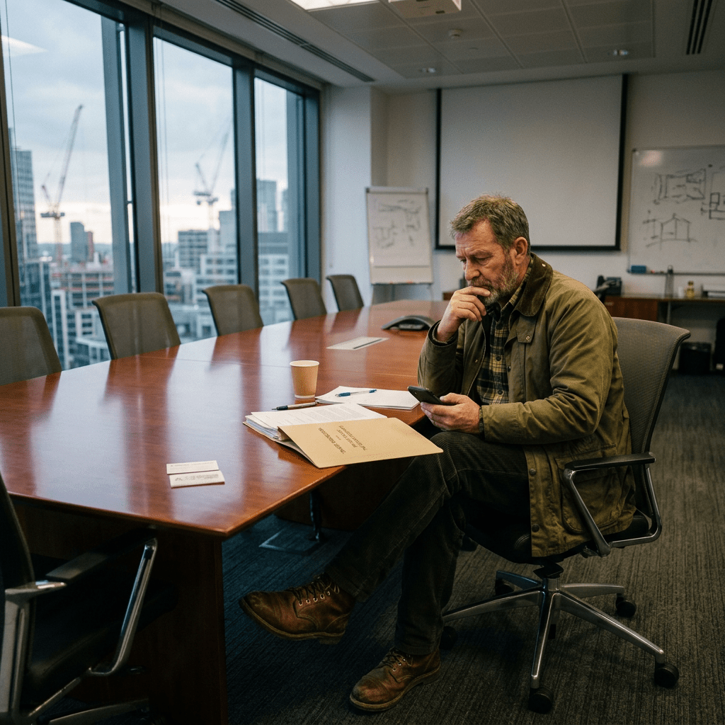 Man sitting in conference room chair looking thoughtfully at phone