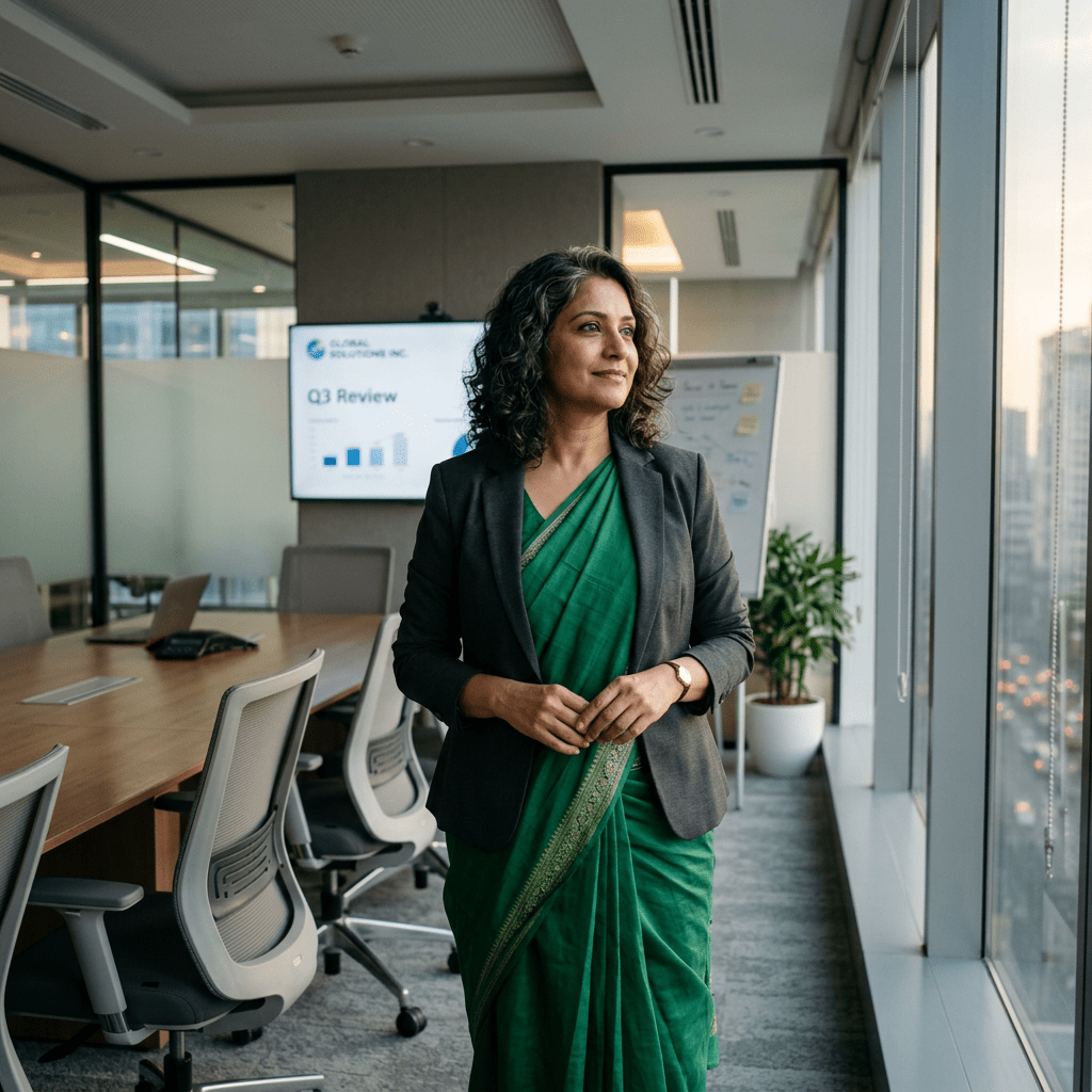 Businesswoman in green saree and blazer standing near office window with city view and presentation screen
