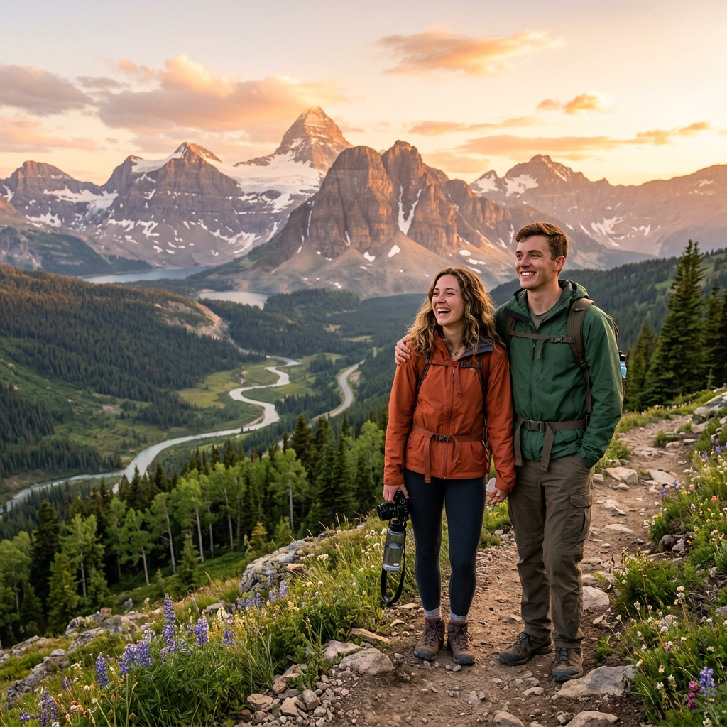 Smiling couple standing on a mountain trail with scenic mountain range and valley behind them