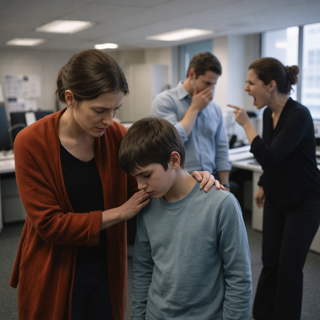 A glowing humanoid figure emitting colorful, flowing energy in a shadowy forest clearing.