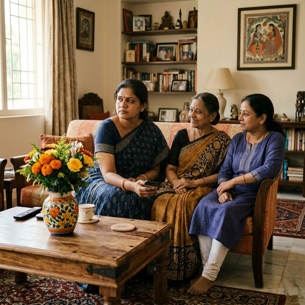 Two women seated on a sofa smiling and looking at a smartphone together