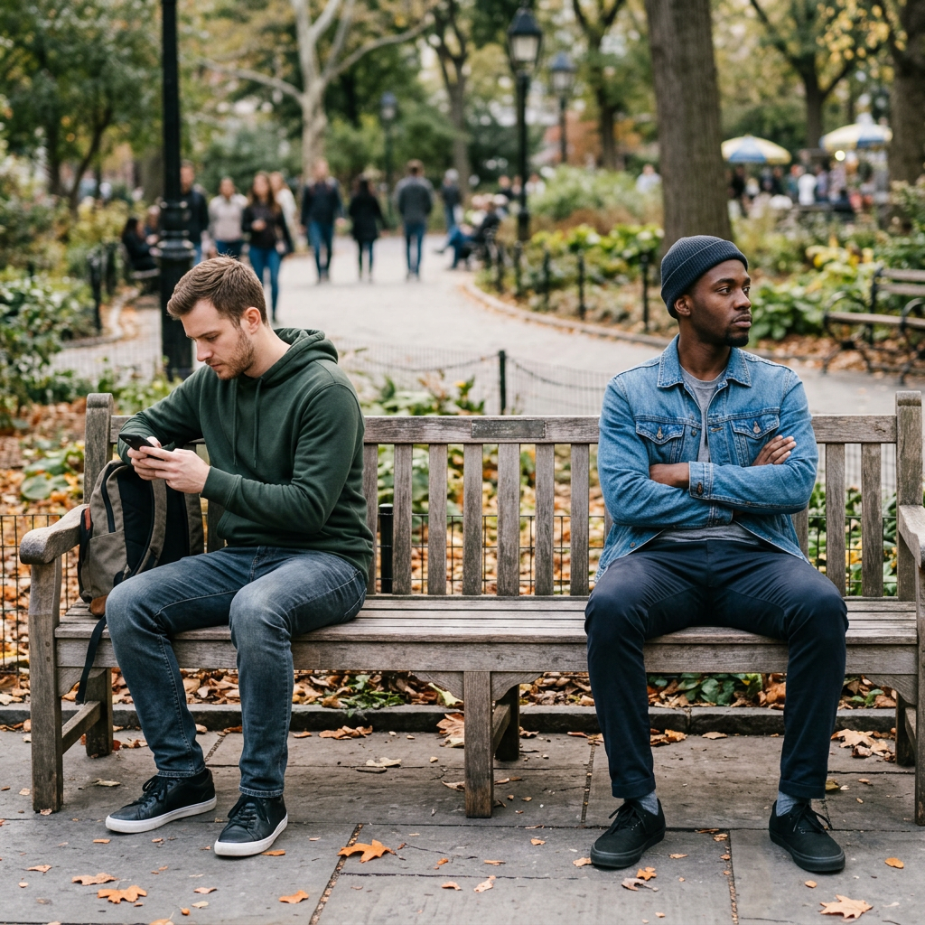 Two men sitting separately on a park bench in a park looking away from each other.