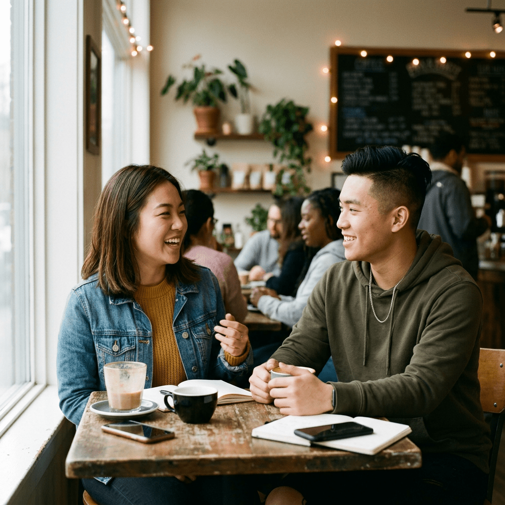 Asian male and female friends talking smiling indoors