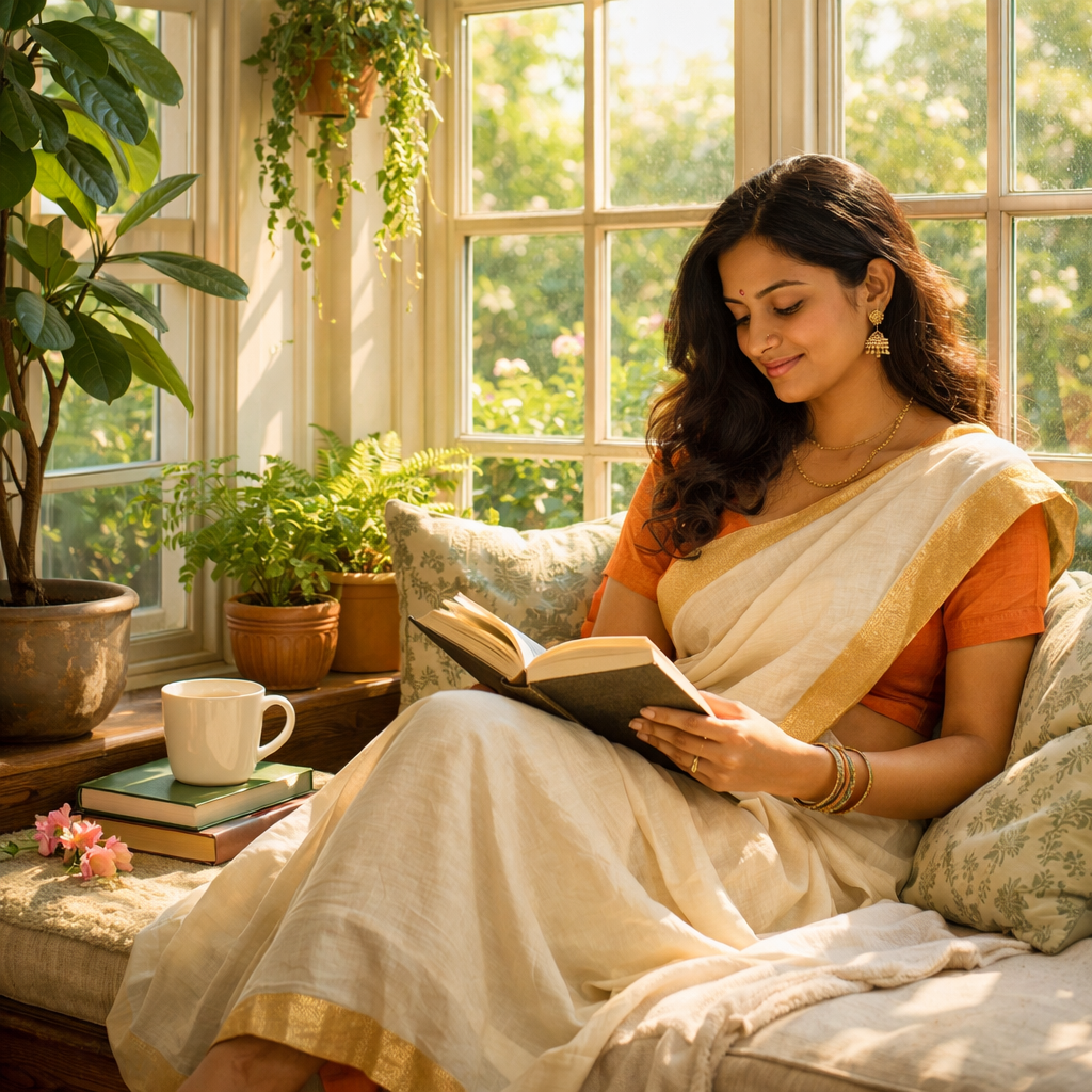 Woman in white and gold sari reading book on cushioned window seat with plants