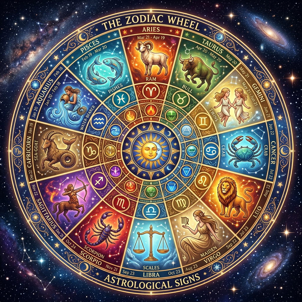 Zodiac wheel showing twelve astrological signs with symbols and constellation patterns