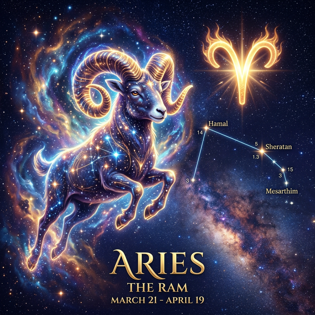 Constellation Aries with stars Hamal, Sheratan, Mesarthim and glowing ram illustration