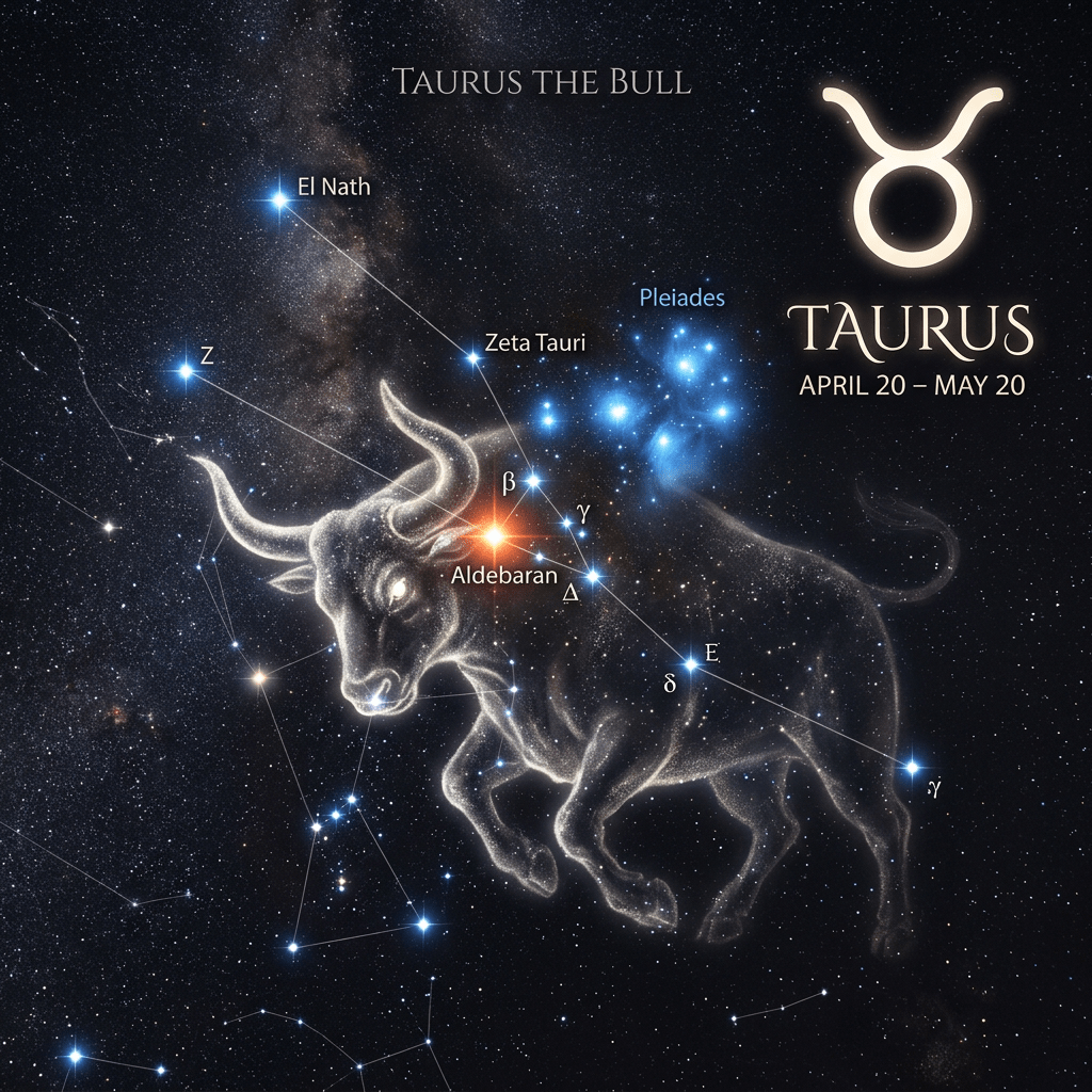 Taurus constellation showing major stars Aldebaran, El Nath, Zeta Tauri, and Pleiades cluster