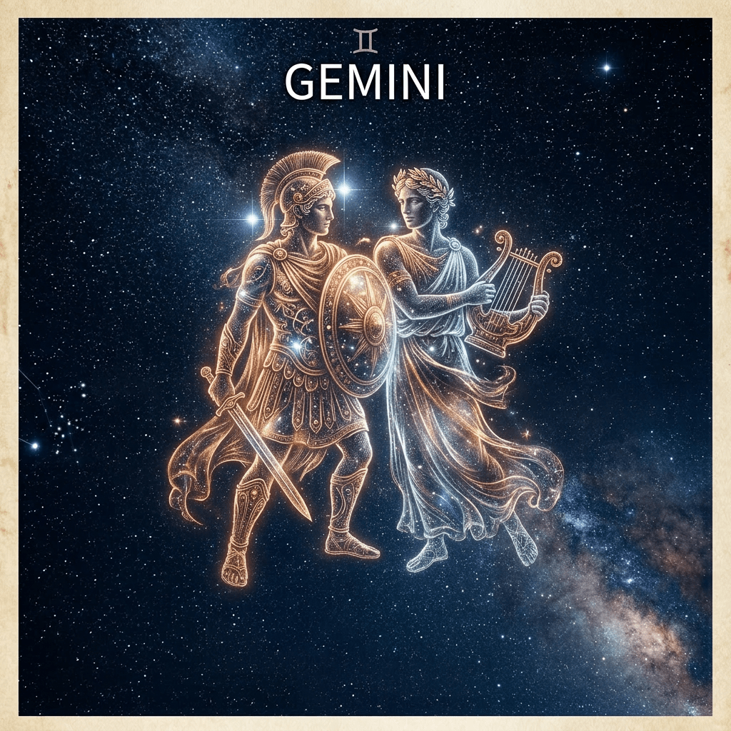Night sky showing the Gemini constellation and neighboring stars labeled