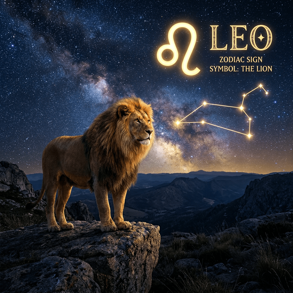 Lion standing on rocky terrain with Leo zodiac constellation and symbol in night sky
