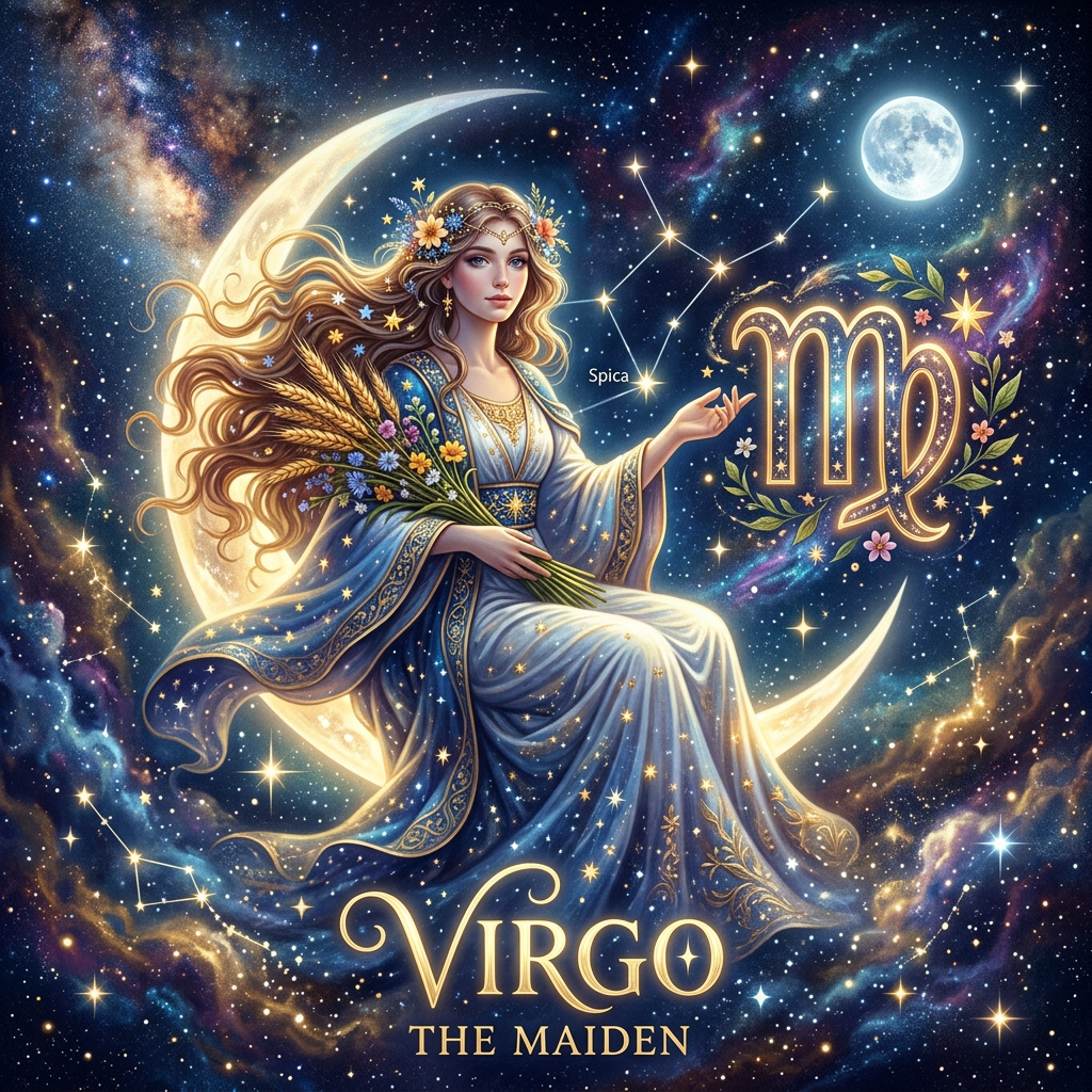 Artistic depiction of Virgo as a goddess holding wheat with Virgo constellation and symbol in the background
