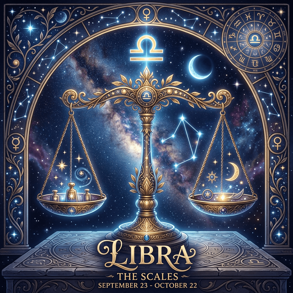Ornate golden Libra scales with zodiac symbols and star constellations in a cosmic night sky