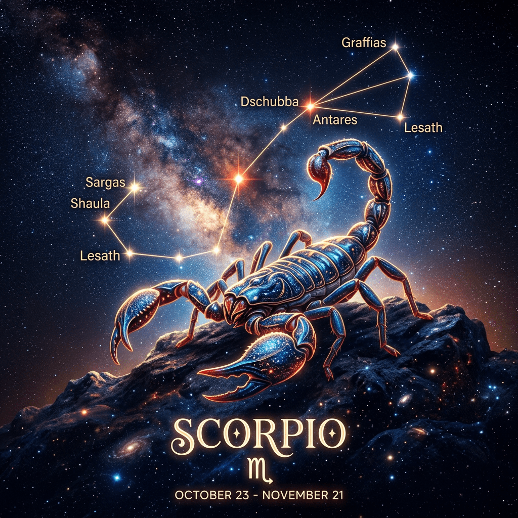 Scorpio constellation with labeled stars and an artistic scorpion figure