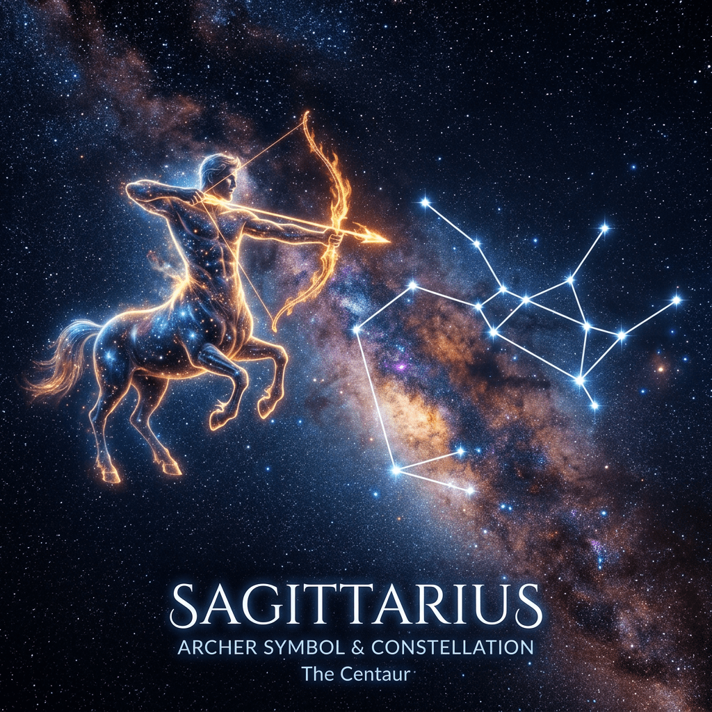 Sagittarius constellation with centaur archer holding flaming bow and arrow