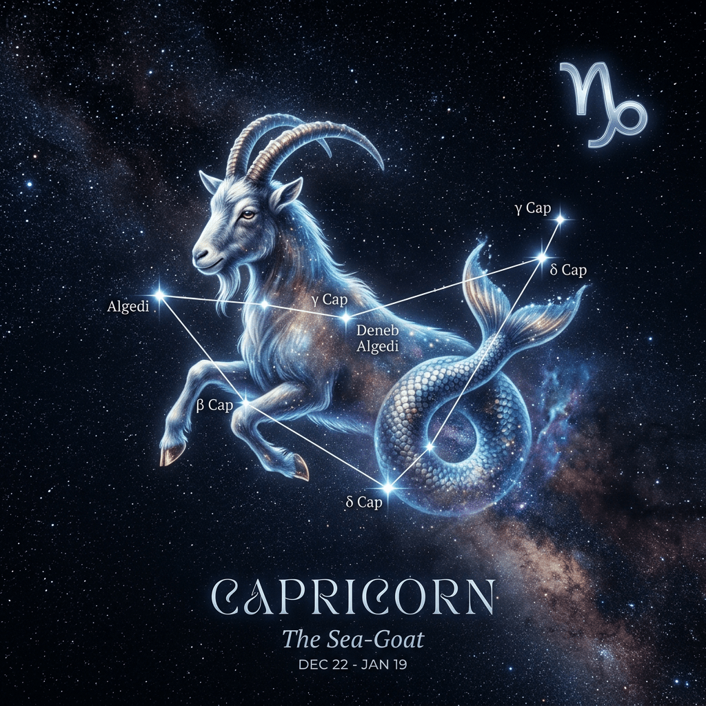 Capricorn zodiac constellation shown as a sea-goat with stars connected by lines
