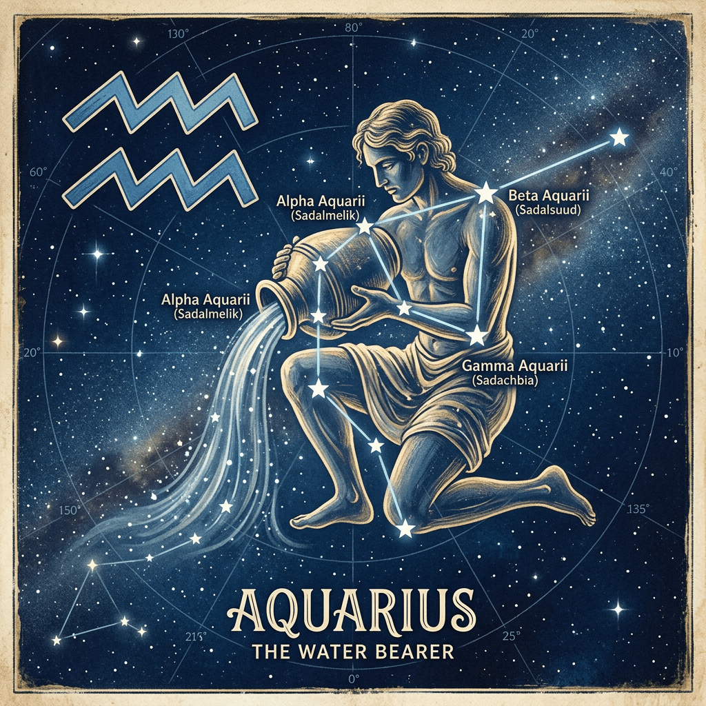 Aquarius constellation with stars Alpha Aquarii, Beta Aquarii, Gamma Aquarii labeled and figure of Water Bearer