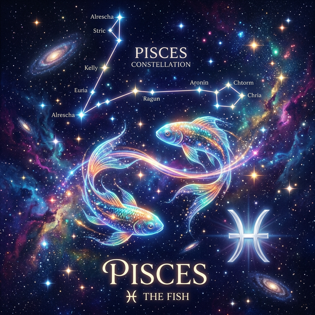 Pisces constellation with stars labeled and two glowing fish symbols in a colorful cosmic background